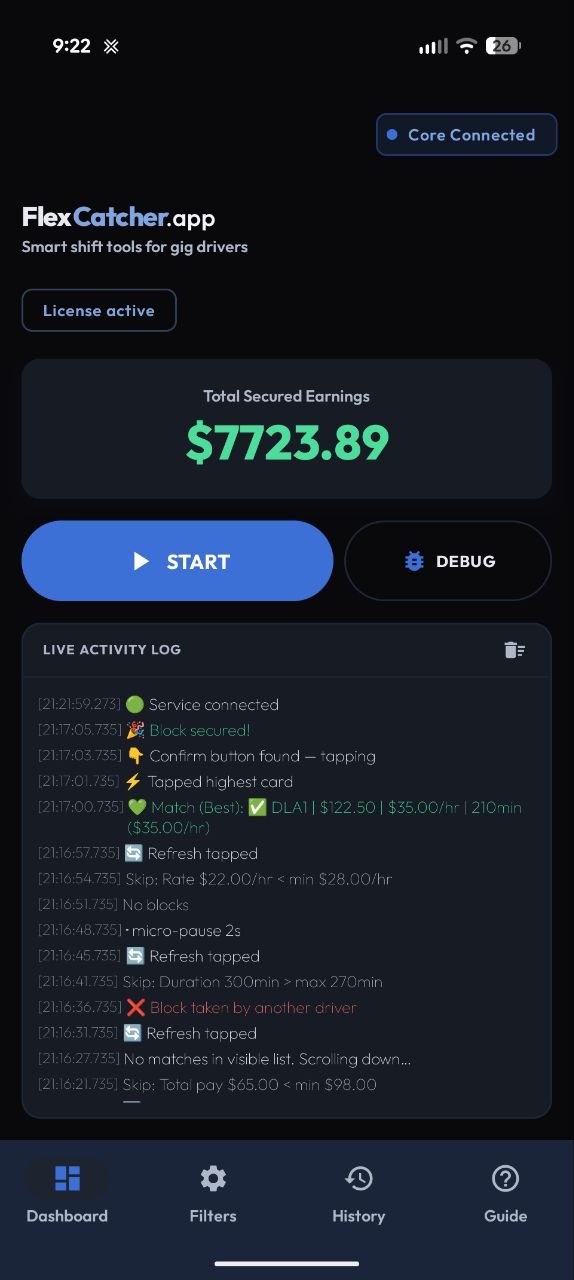 FlexCatcher dashboard with live activity log