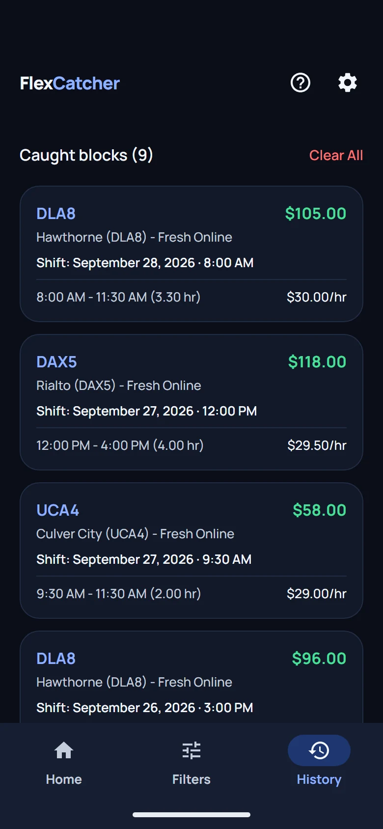 History of caught blocks with station, pay and hourly rate