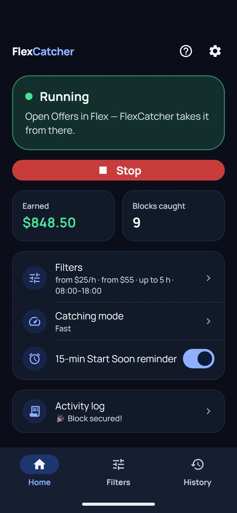 FlexCatcher home screen: searching for blocks, earnings and blocks caught