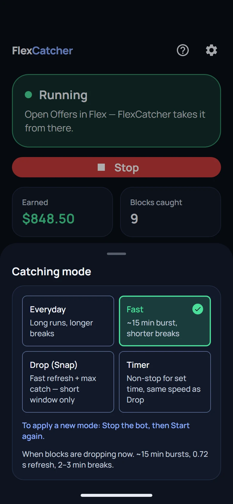 Catching mode picker: Everyday, Fast, Drop and Timer